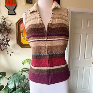 Crazt Horse Retro Vintage Women's V-Neck Cotton Zip Up Striped Sweater Vest